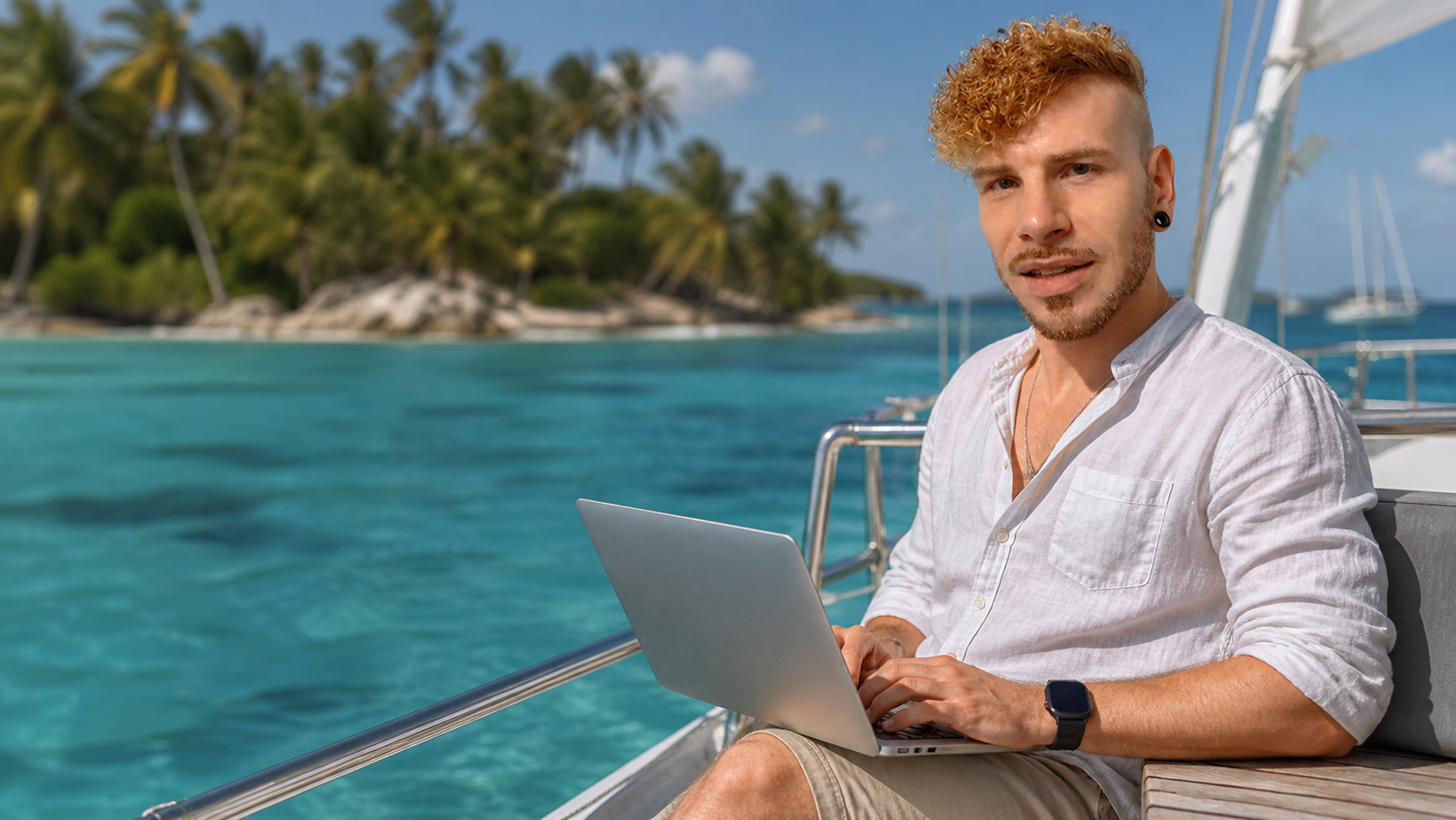 Benjamin Zandt arbeitet remote auf einem Segelboot
